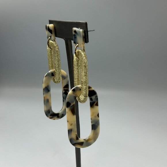 3/$30 Chain Link Dangle Earrings Gold Tone Marble Acrylic Geometric Drop 3 Inch - Picture 4 of 8